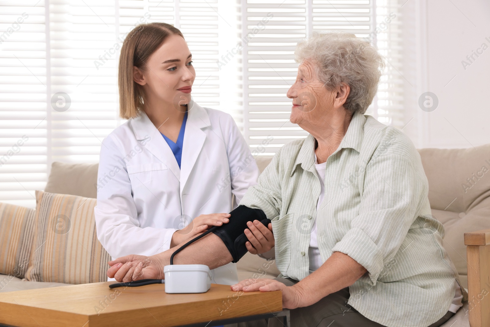 Photo of Doctor measuring patient's blood pressure at wooden table indoors