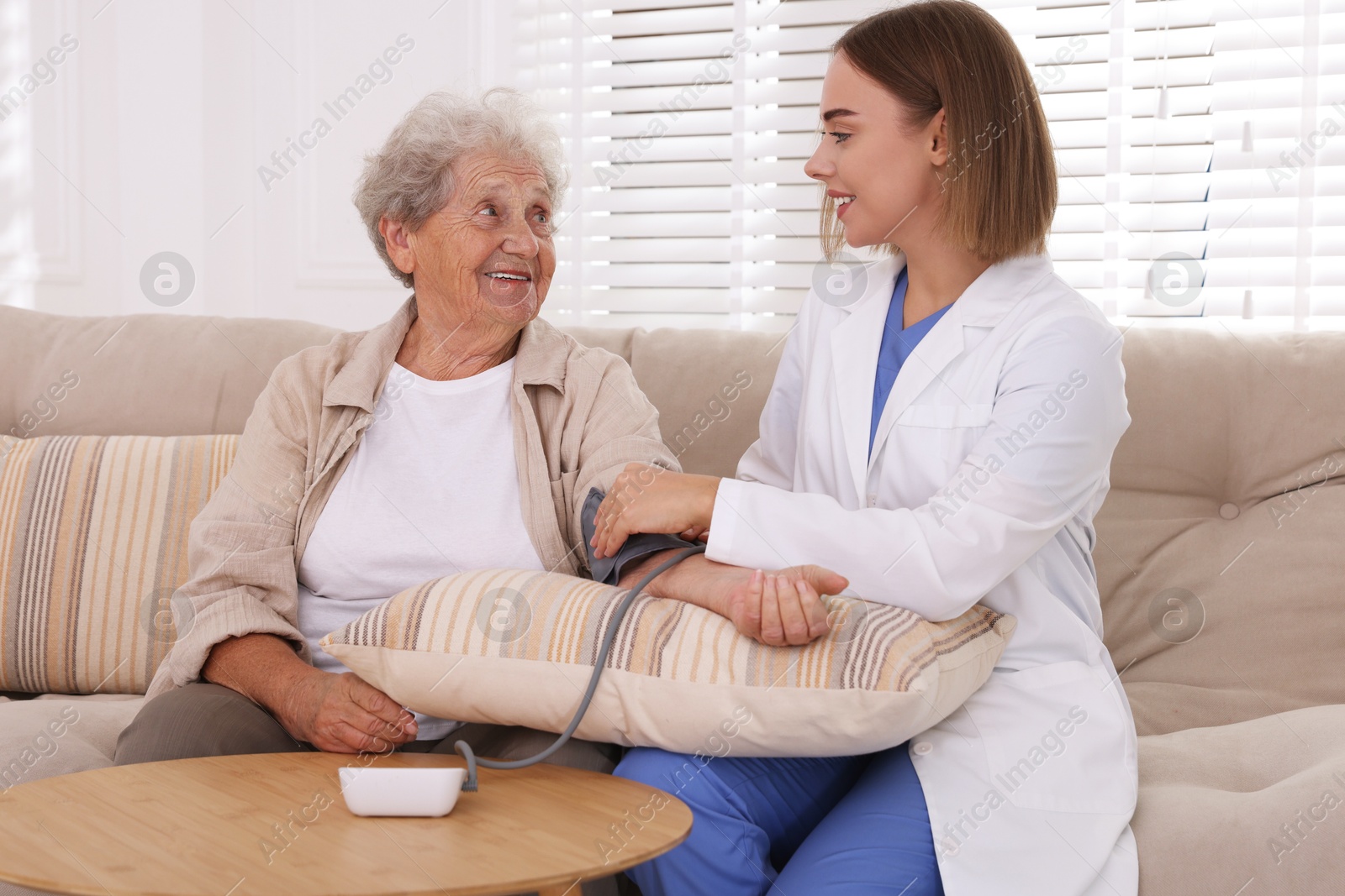 Photo of Doctor measuring patient's blood pressure on sofa indoors