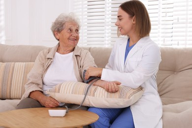 Doctor measuring patient's blood pressure on sofa indoors