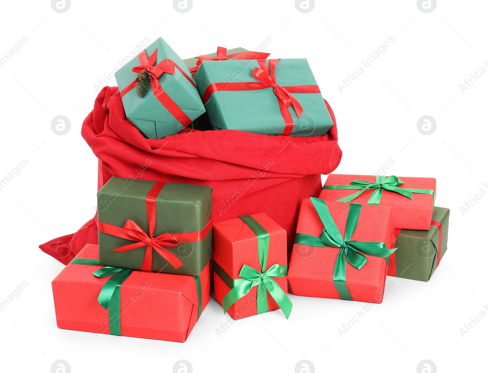 Photo of Santa Claus bag full of presents isolated on white