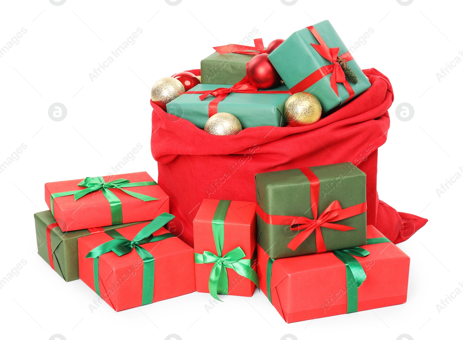 Photo of Santa Claus bag full of presents and decorative balls isolated on white