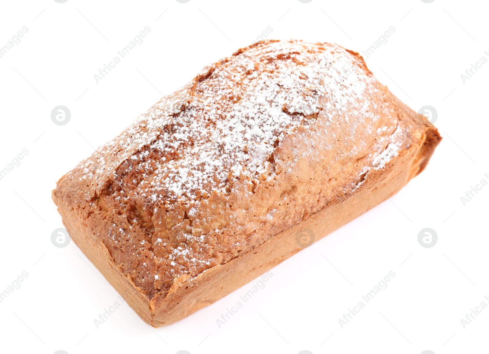 Photo of One tasty sponge cake with powdered sugar isolated on white