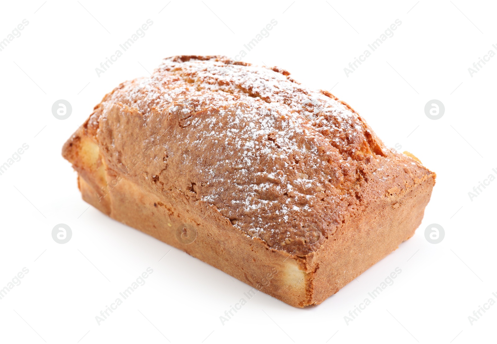 Photo of One tasty sponge cake with powdered sugar isolated on white