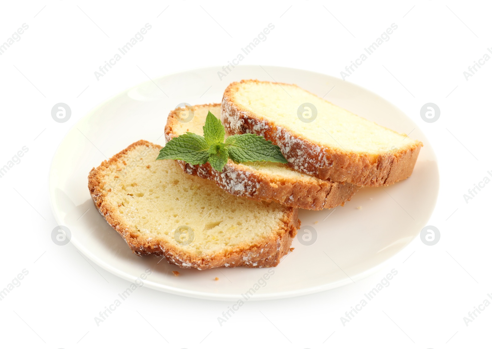 Photo of Slices of freshly baked sponge cake isolated on white