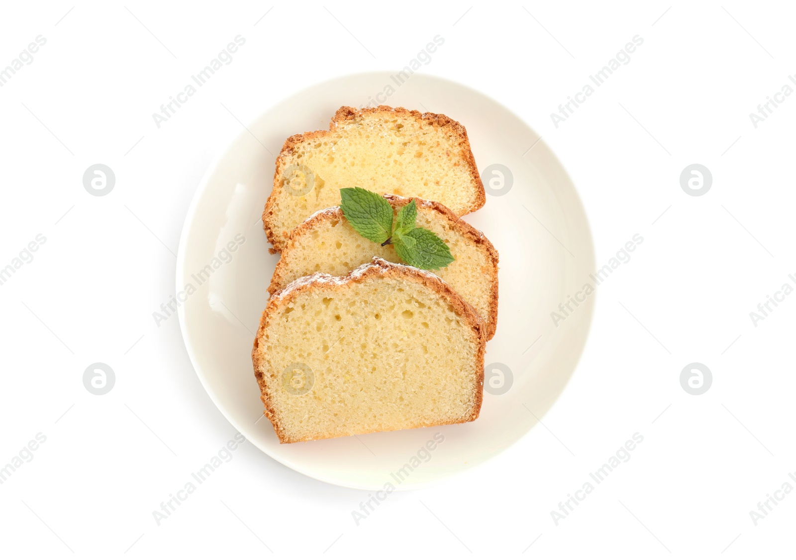 Photo of Slices of freshly baked sponge cake isolated on white, top view