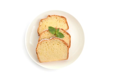 Photo of Slices of freshly baked sponge cake isolated on white, top view