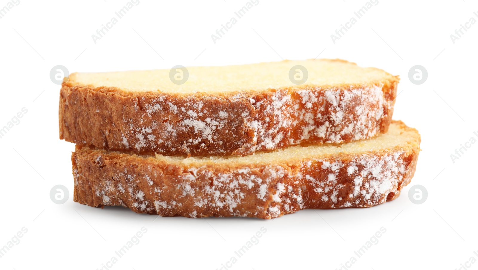 Photo of Slices of freshly baked sponge cake isolated on white