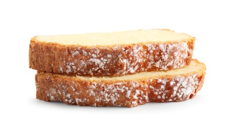 Photo of Slices of freshly baked sponge cake isolated on white