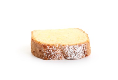 Photo of Slice of freshly baked sponge cake isolated on white