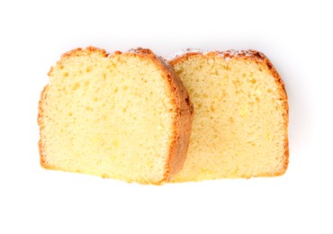 Photo of Slices of freshly baked sponge cake isolated on white, top view