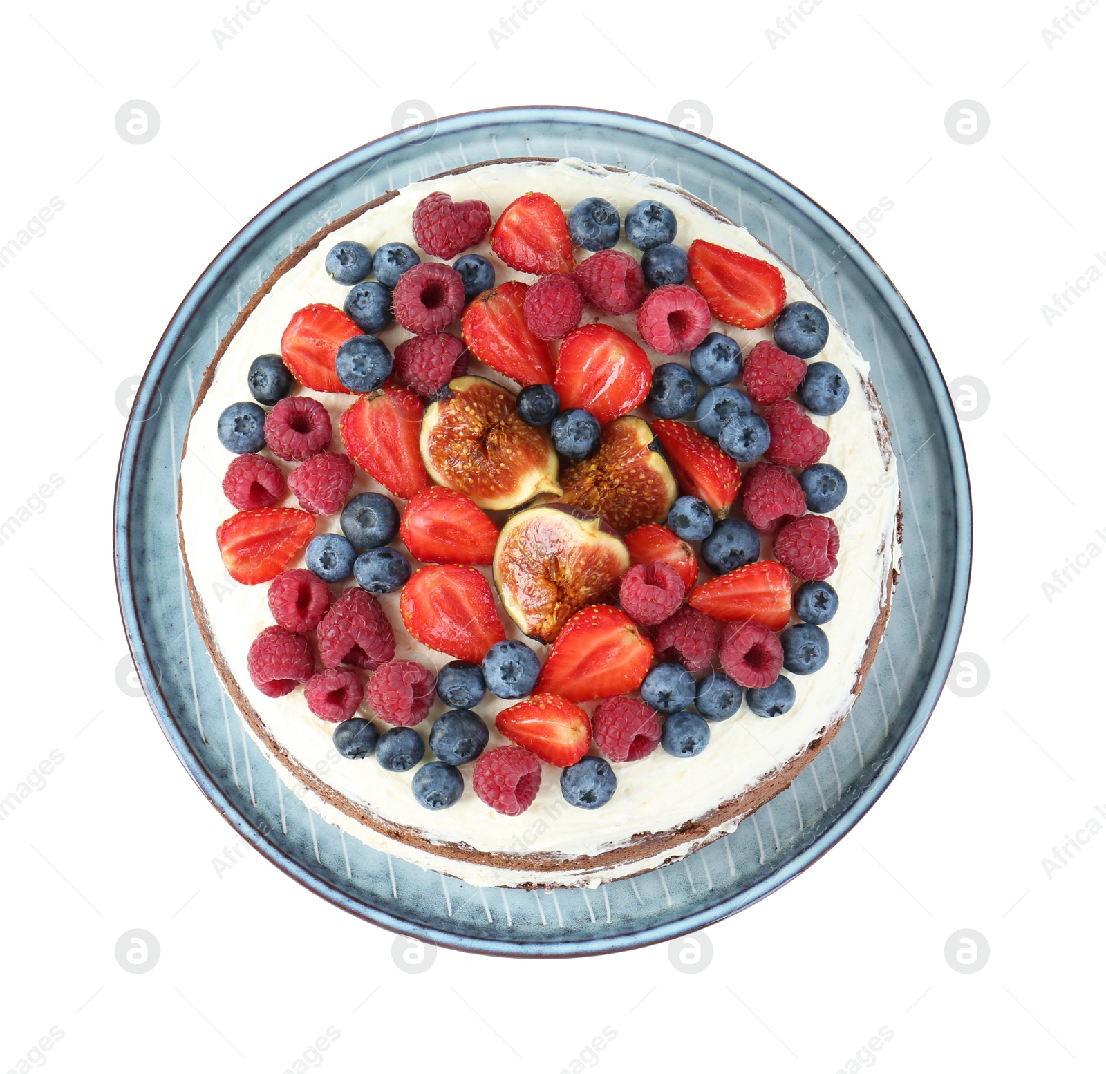 Photo of Delicious chocolate sponge cake with berries isolated on white, top view