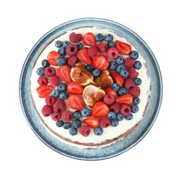 Photo of Delicious chocolate sponge cake with berries isolated on white, top view