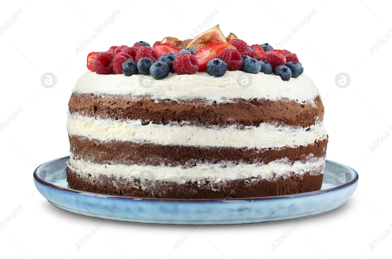 Photo of Delicious chocolate sponge cake with berries isolated on white