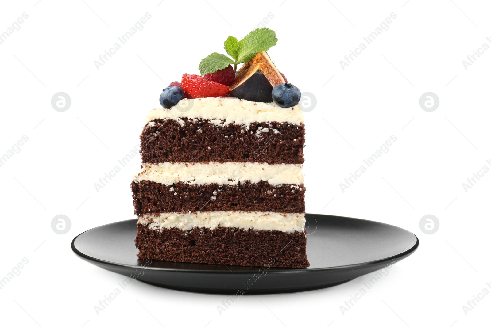 Photo of Piece of delicious chocolate sponge cake with berries isolated on white