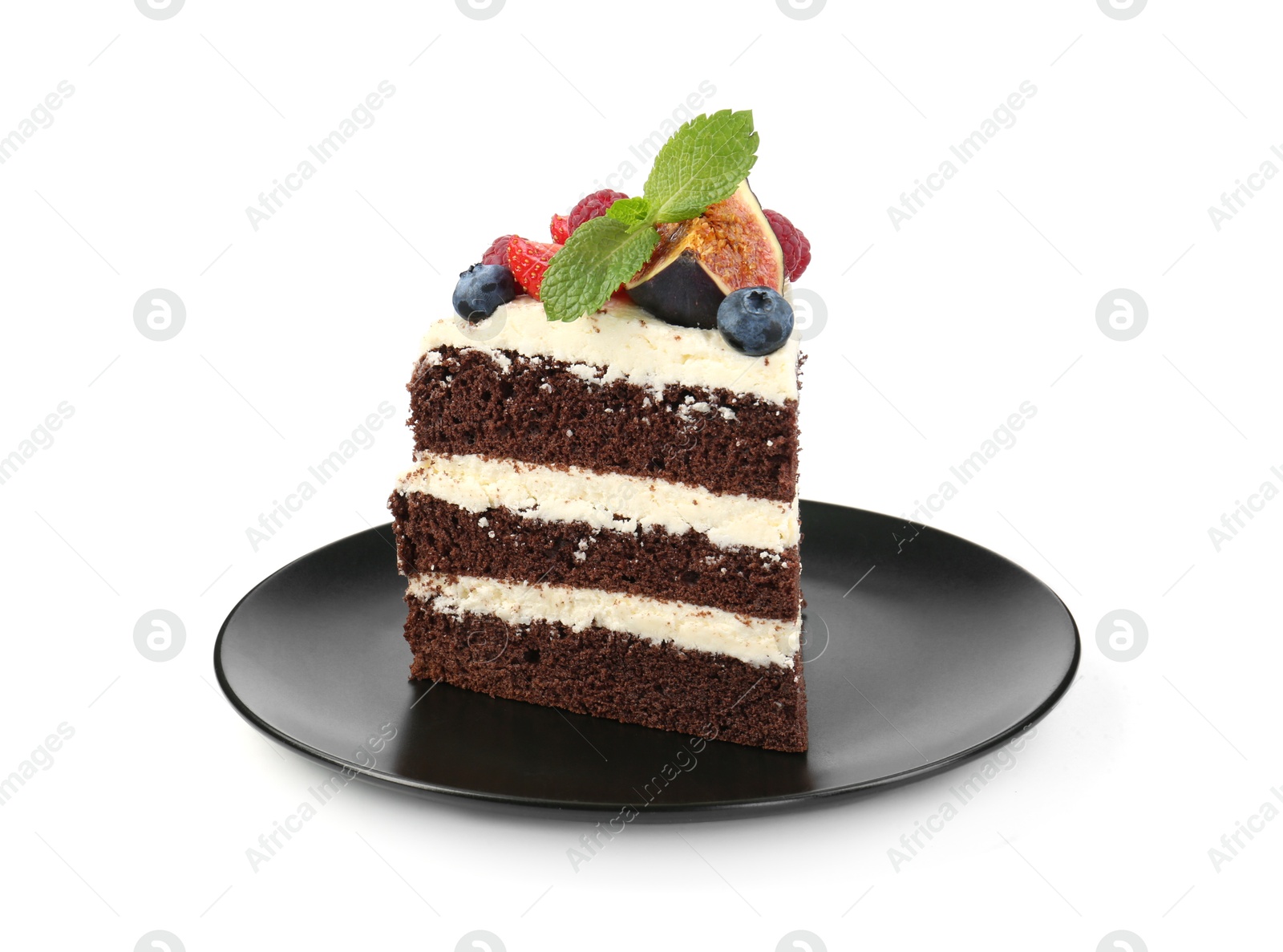 Photo of Piece of delicious chocolate sponge cake with berries isolated on white