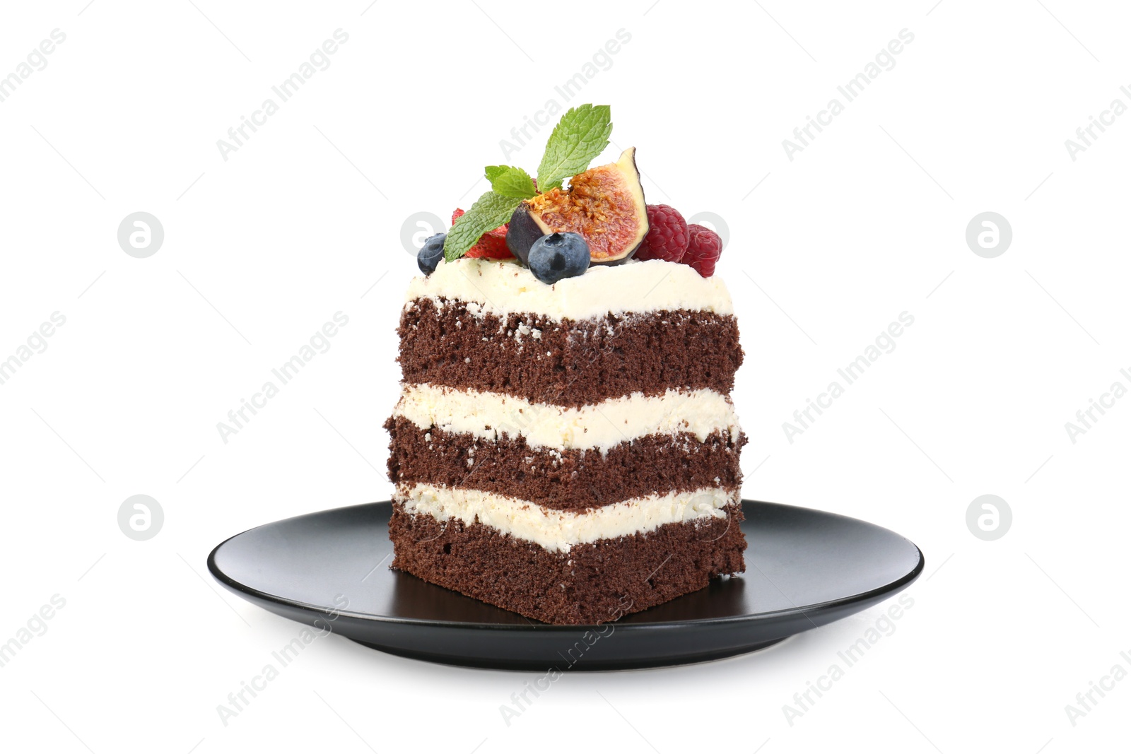 Photo of Piece of delicious chocolate sponge cake with berries isolated on white