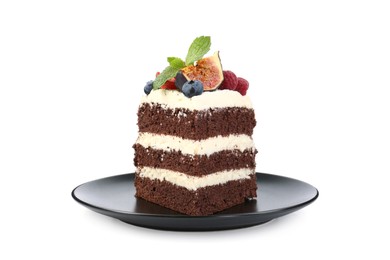 Photo of Piece of delicious chocolate sponge cake with berries isolated on white