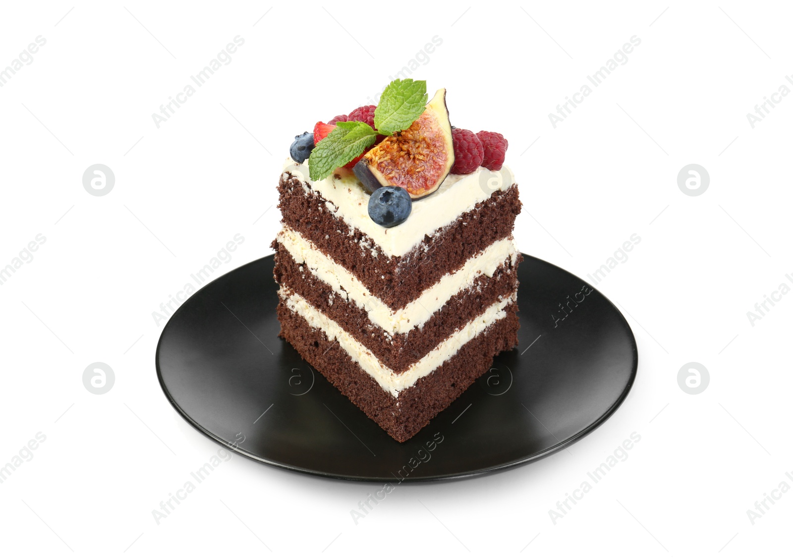 Photo of Piece of delicious chocolate sponge cake with berries isolated on white