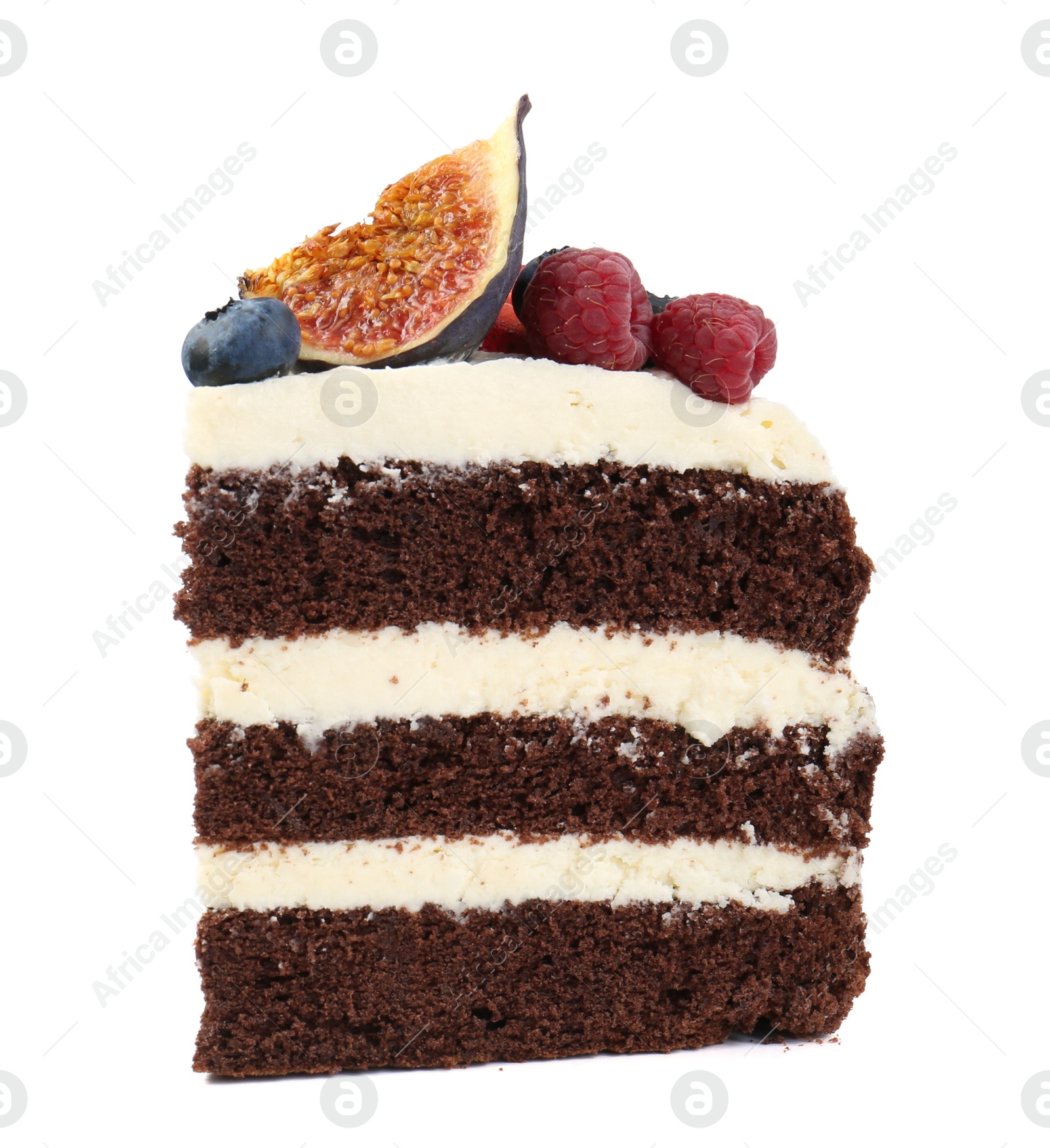 Photo of Piece of delicious chocolate sponge cake with berries isolated on white