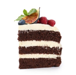 Photo of Piece of delicious chocolate sponge cake with berries isolated on white