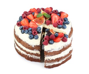 Photo of Cut delicious chocolate sponge cake with berries isolated on white