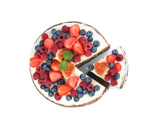 Photo of Cut delicious chocolate sponge cake with berries isolated on white, top view