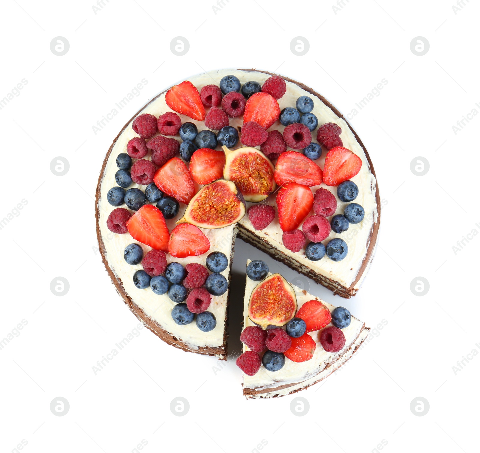 Photo of Cut delicious chocolate sponge cake with berries isolated on white, top view