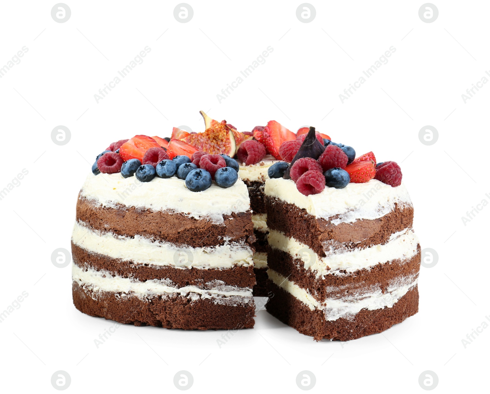 Photo of Cut delicious chocolate sponge cake with berries isolated on white