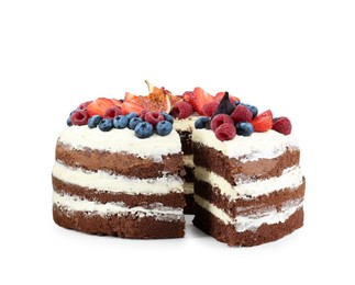 Photo of Cut delicious chocolate sponge cake with berries isolated on white