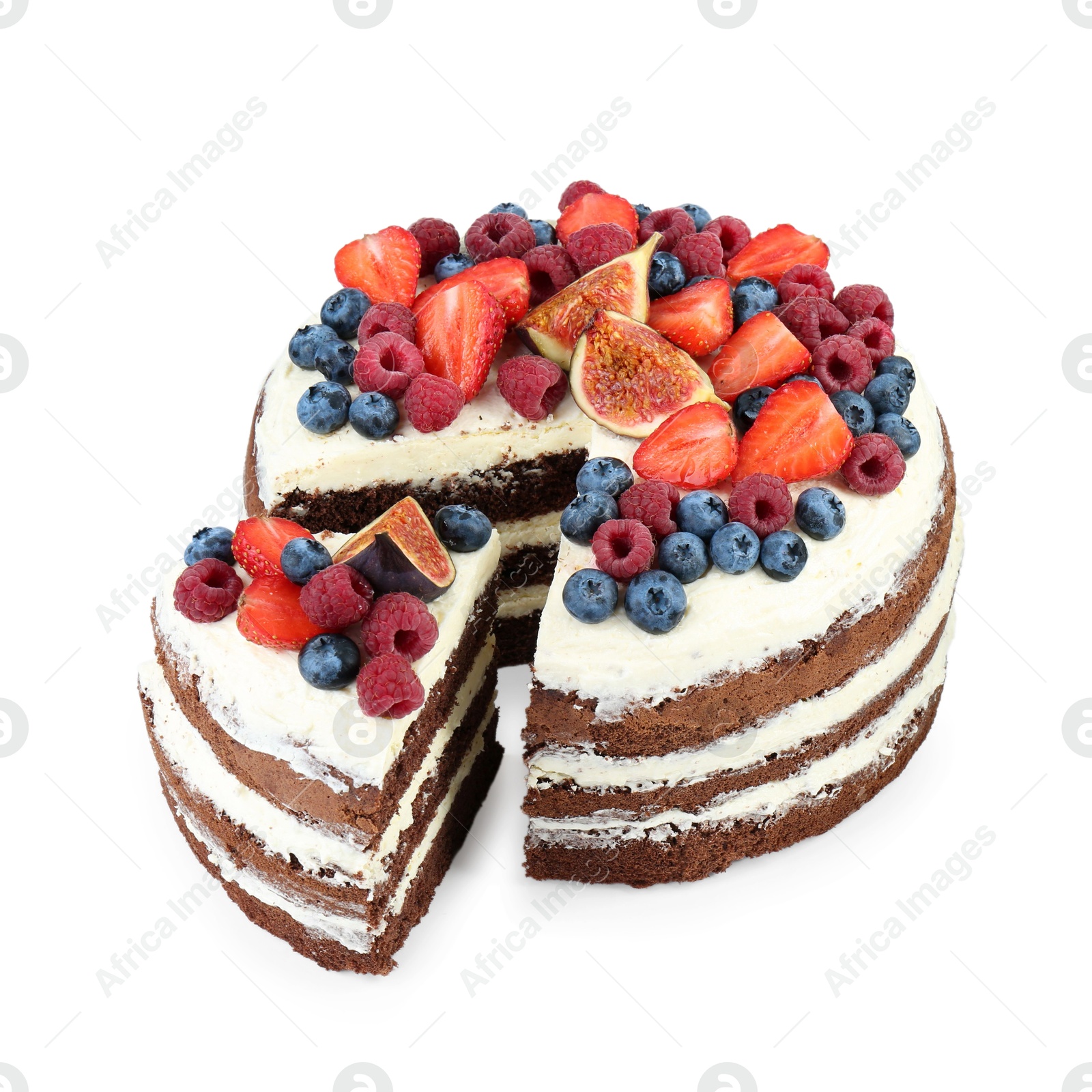 Photo of Cut delicious chocolate sponge cake with berries isolated on white