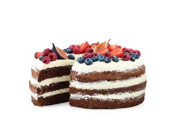 Photo of Cut delicious chocolate sponge cake with berries isolated on white