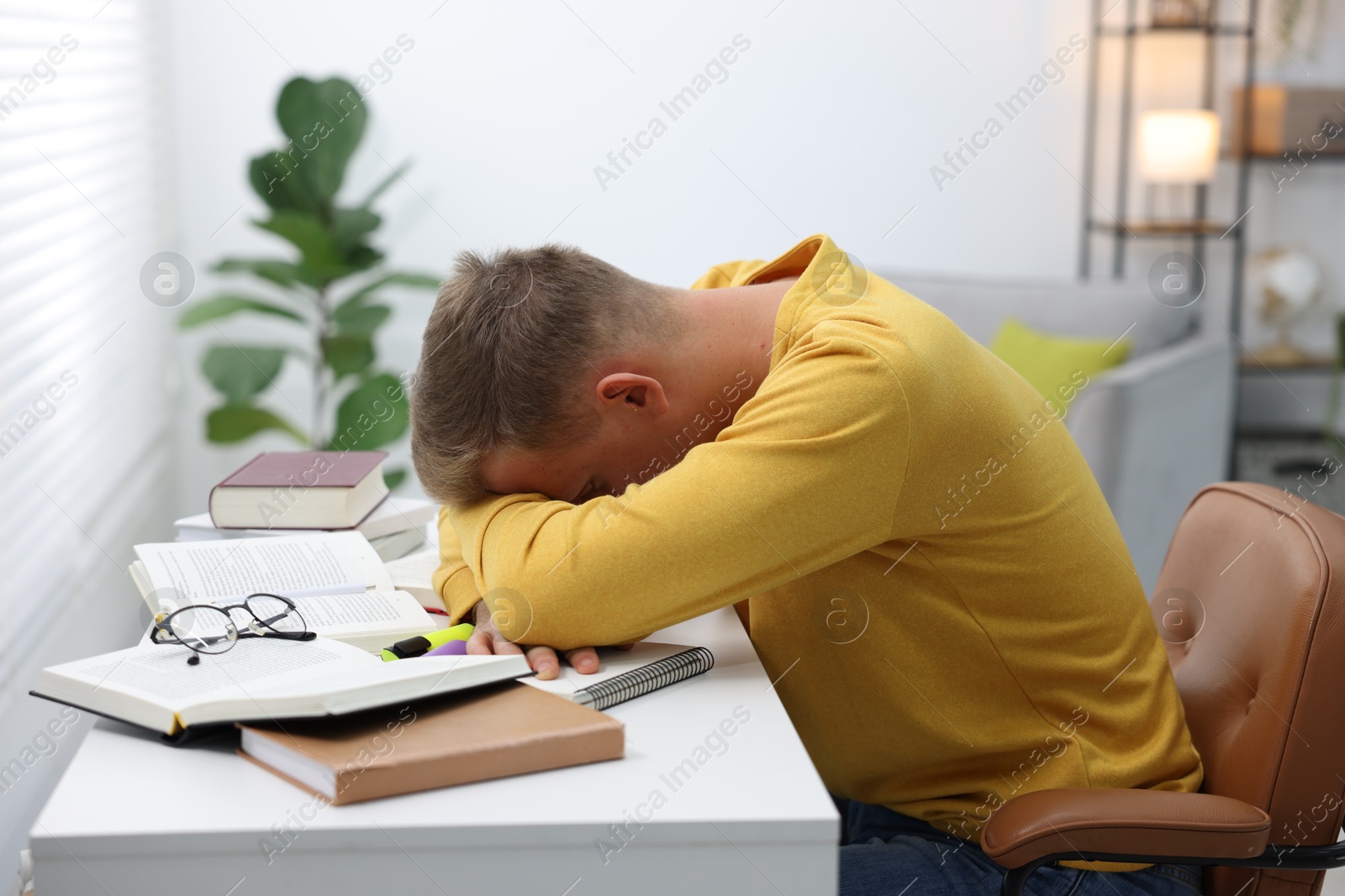 Photo of Tired student preparing for exam at table indoors