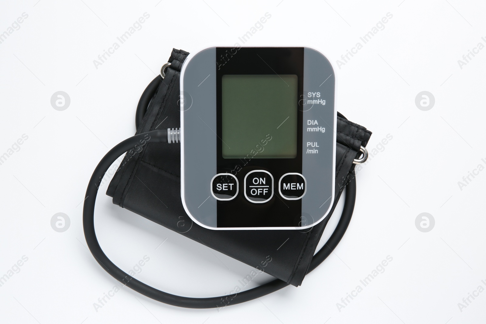 Photo of Blood pressure measuring device on white background, top view