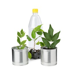 Photo of Recycling concept. Plastic bottle and cans with plants isolated on white