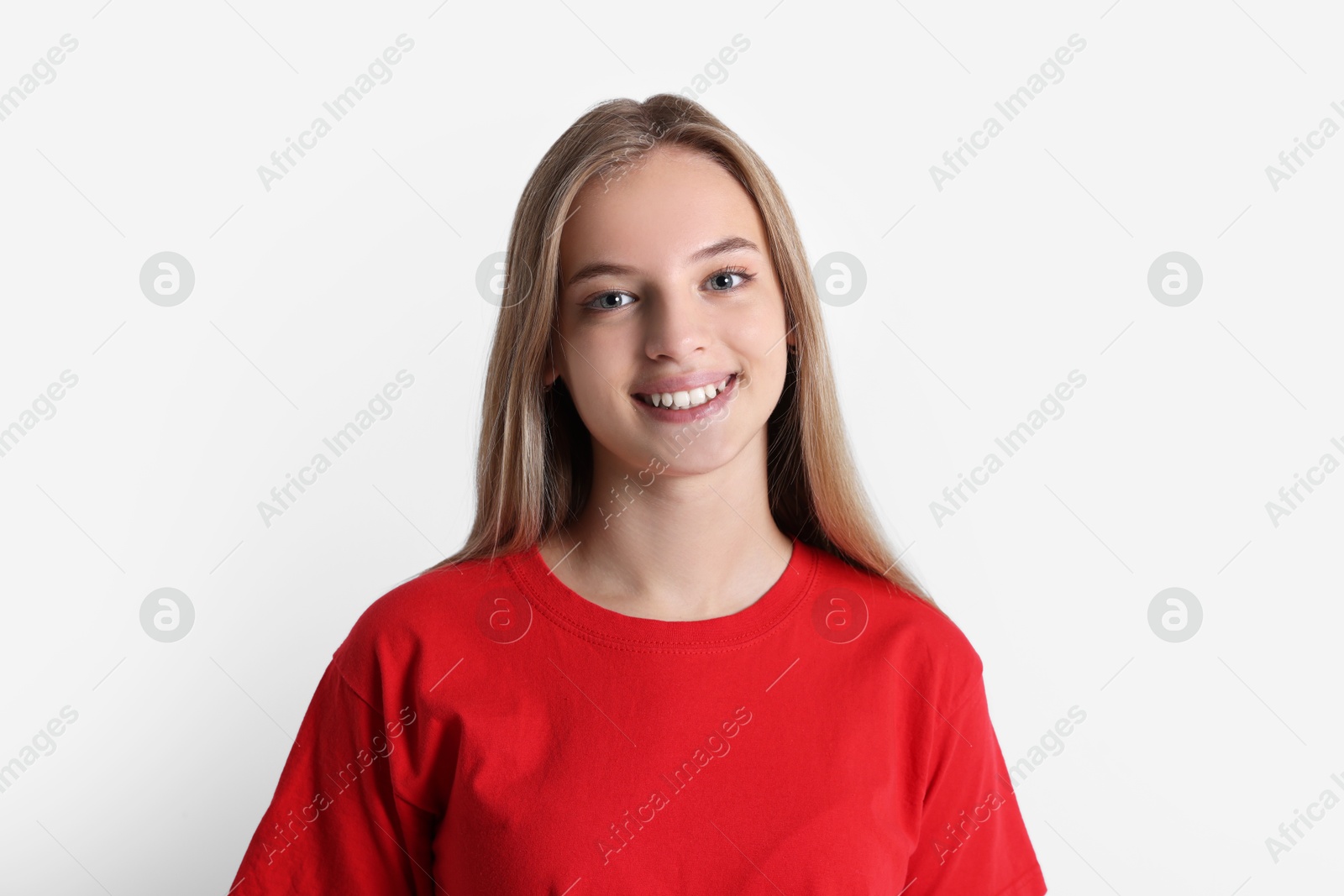 Photo of Portrait of teenage girl on white background