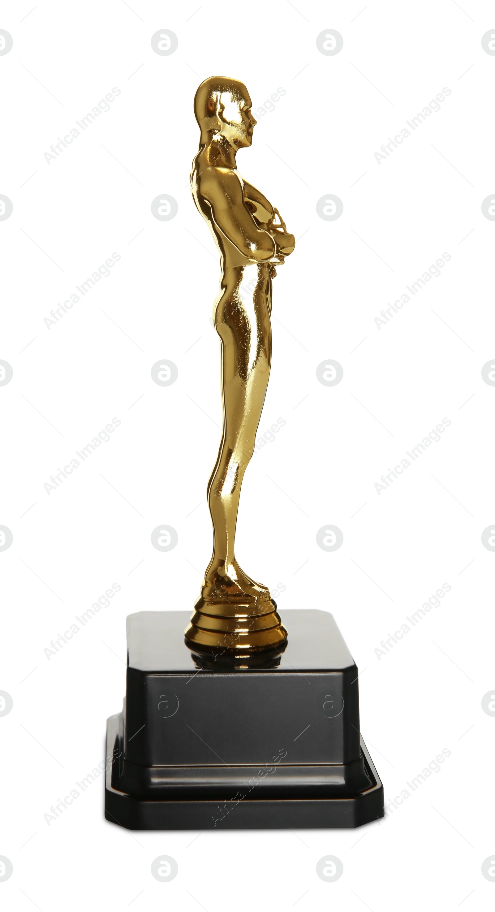 Photo of Golden trophy in shape of human figure isolated on white