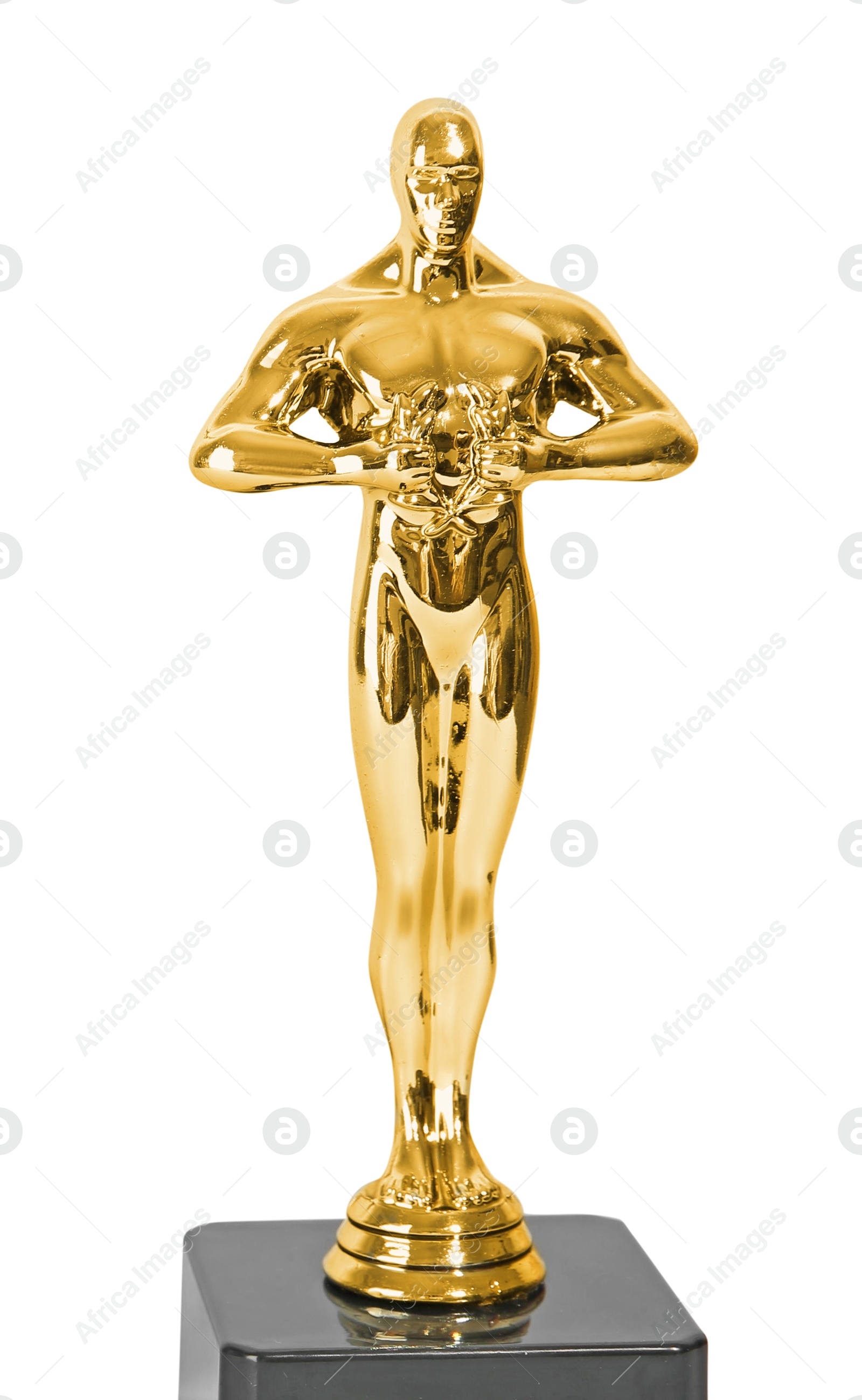 Photo of Golden trophy in shape of human figure on light background, space for text