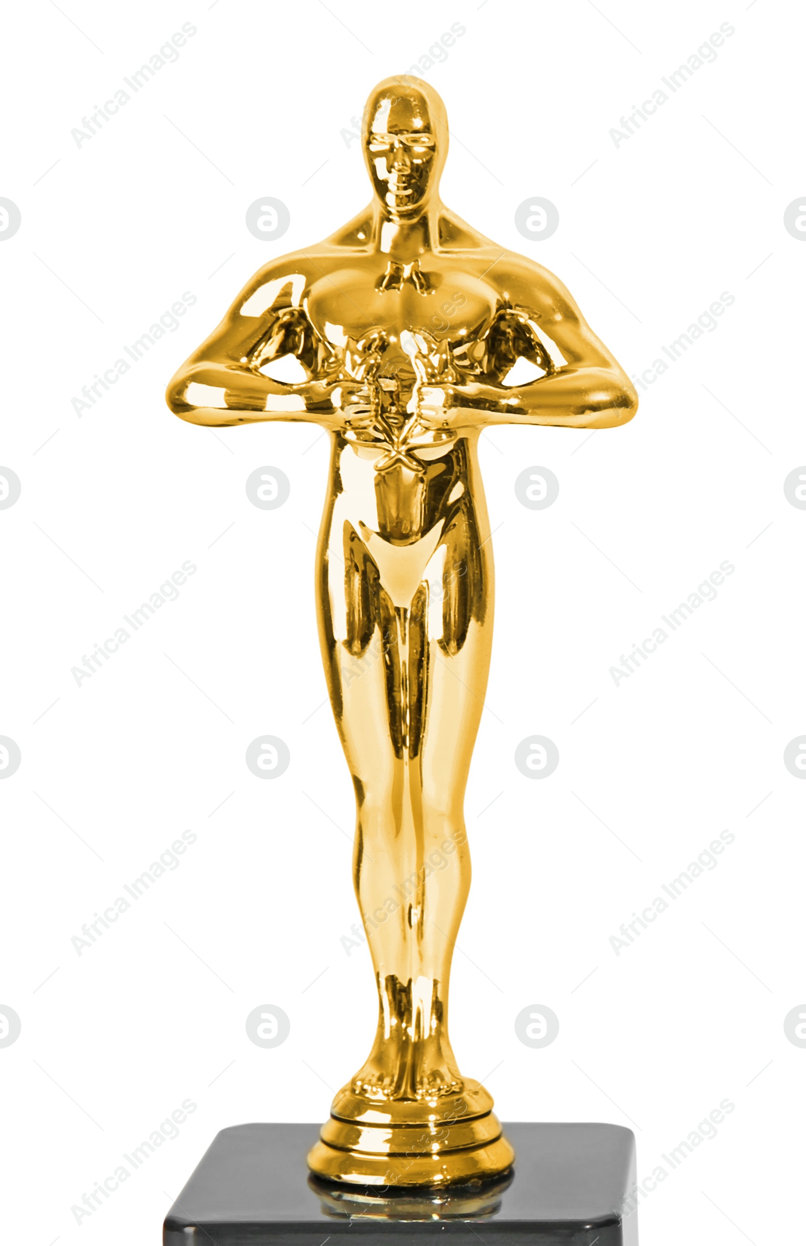 Photo of Golden trophy in shape of human figure on light background, space for text