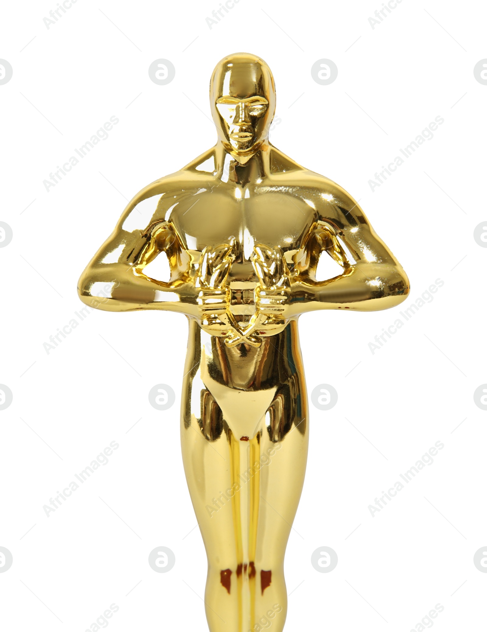 Photo of Golden trophy in shape of human figure on light background, closeup