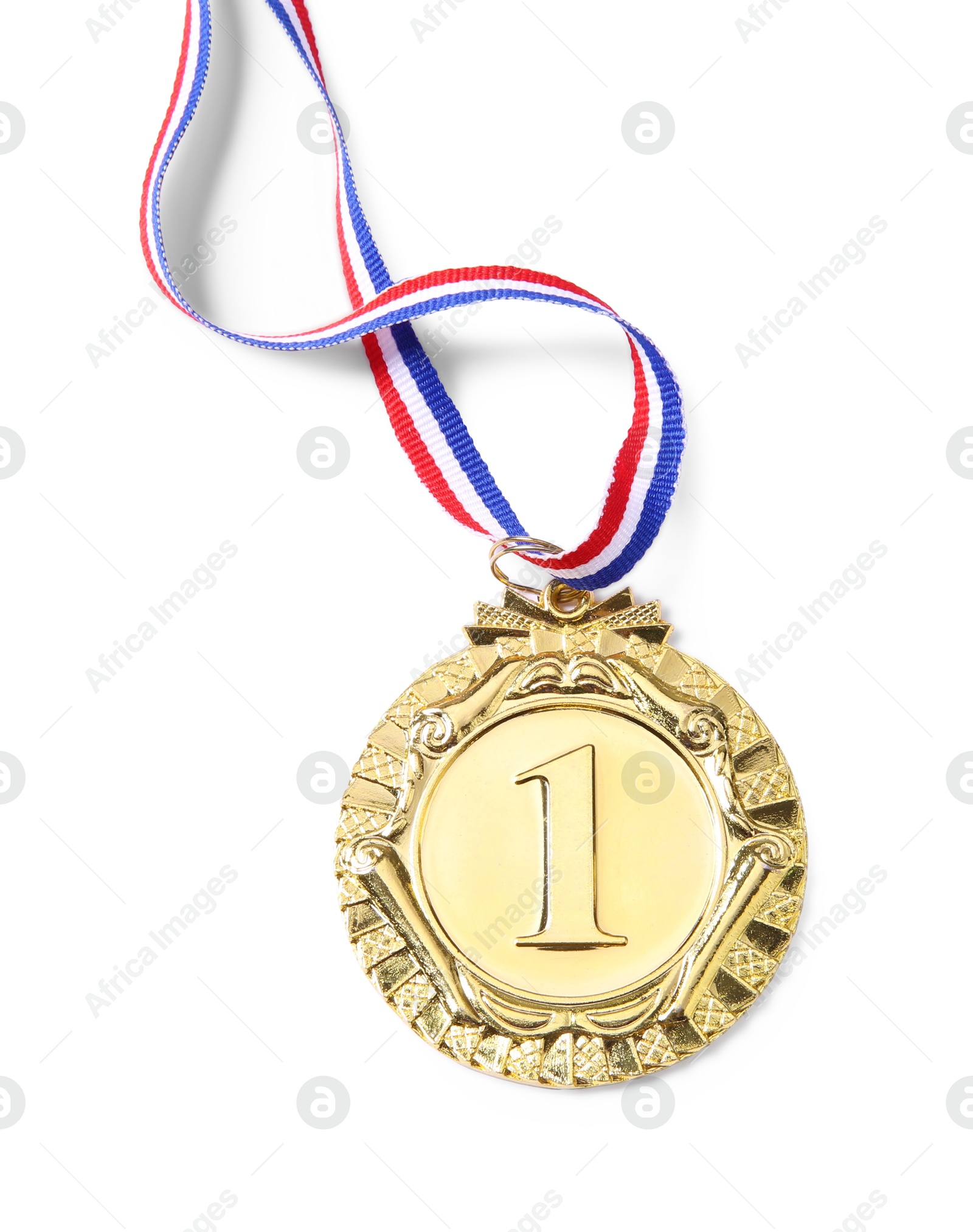 Photo of One golden medal isolated on white, top view