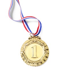 Photo of One golden medal isolated on white, top view