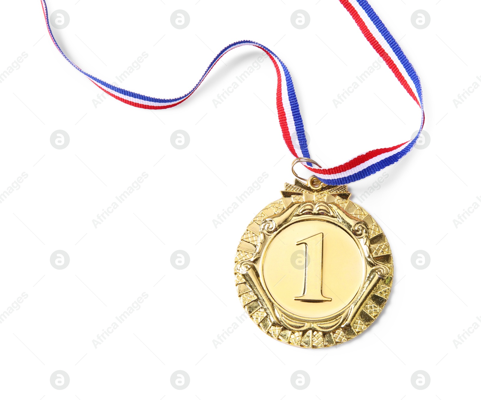 Photo of One golden medal isolated on white, top view