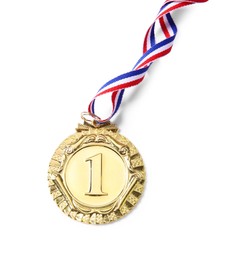 Photo of One golden medal isolated on white, top view