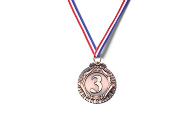 Photo of One bronze medal isolated on white, top view