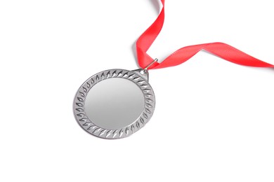 Photo of One silver medal with ribbon isolated on white