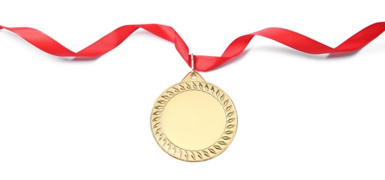 Photo of One golden medal isolated on white, top view