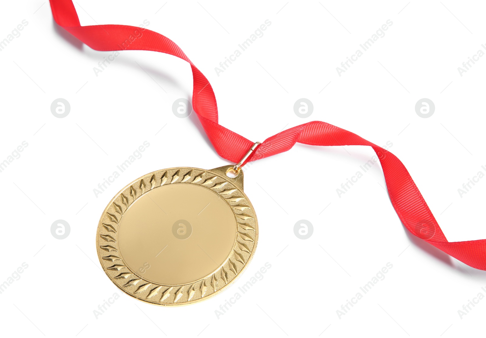 Photo of One golden medal with ribbon isolated on white