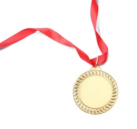 Photo of One golden medal isolated on white, top view