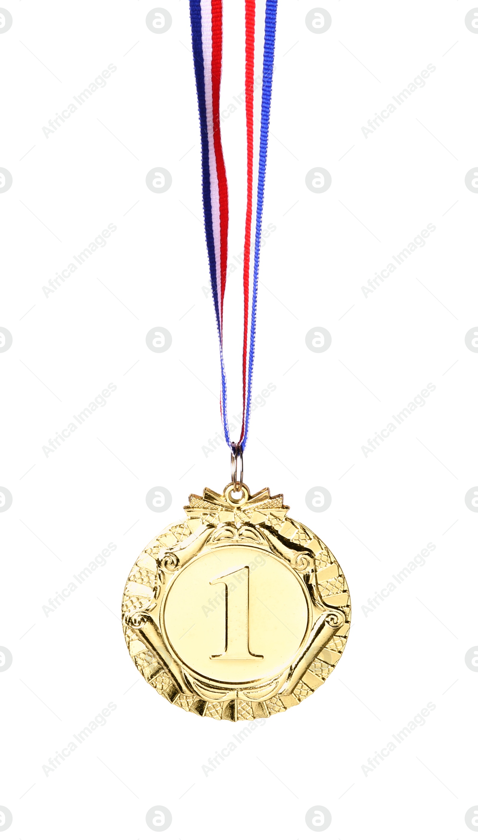 Photo of One golden medal with ribbon isolated on white