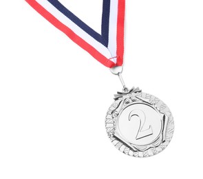 Photo of Silver medal with striped ribbon isolated on white